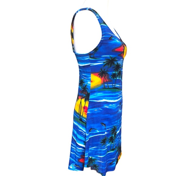 Womens Vintage Y2K Size Large Sleeveless Mesh Summer Tropical Print Mini Dress - Picture 7 of 11